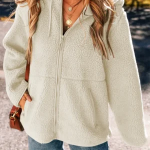 Beige Fleece Zip-Up Hooded Jacket with Pockets