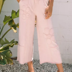 Pink Flower Patch Mineral-Washed Terry Knit Cropped Wide-Leg Pants