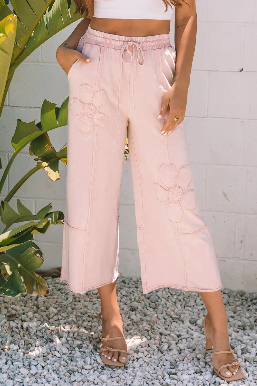Pink Flower Patch Mineral-Washed Terry Knit Cropped Wide-Leg Pants