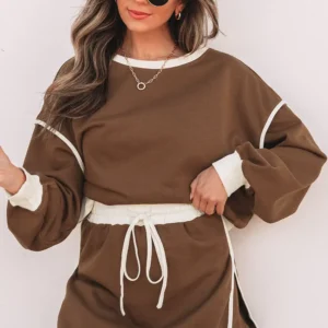 Coffee Color Contrast Skort Set — Loose Fit with Lace-Up Waist