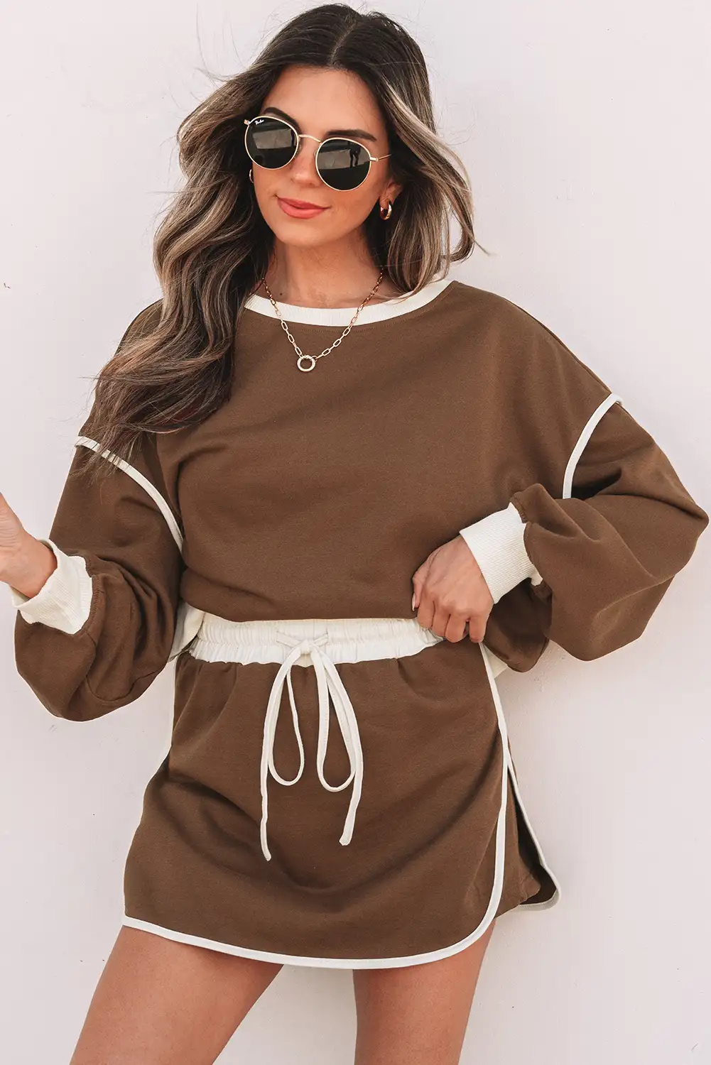 Coffee Color Contrast Skort Set — Loose Fit with Lace-Up Waist