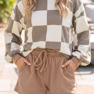 Khaki Checkerboard Plaid 2-Piece Set - Long Sleeve Top & Shorts