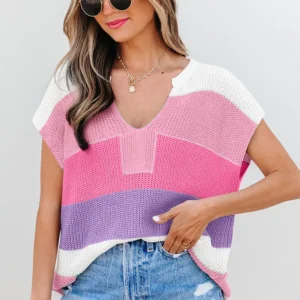 Pink Color Block Notch V-Neck Knit Tee