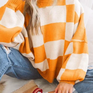 Chic Orange Checkered Bishop Sleeve Sweater