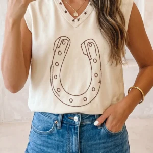 White Horseshoe Embroidered Star Trim V-Neck Loose Tank Top