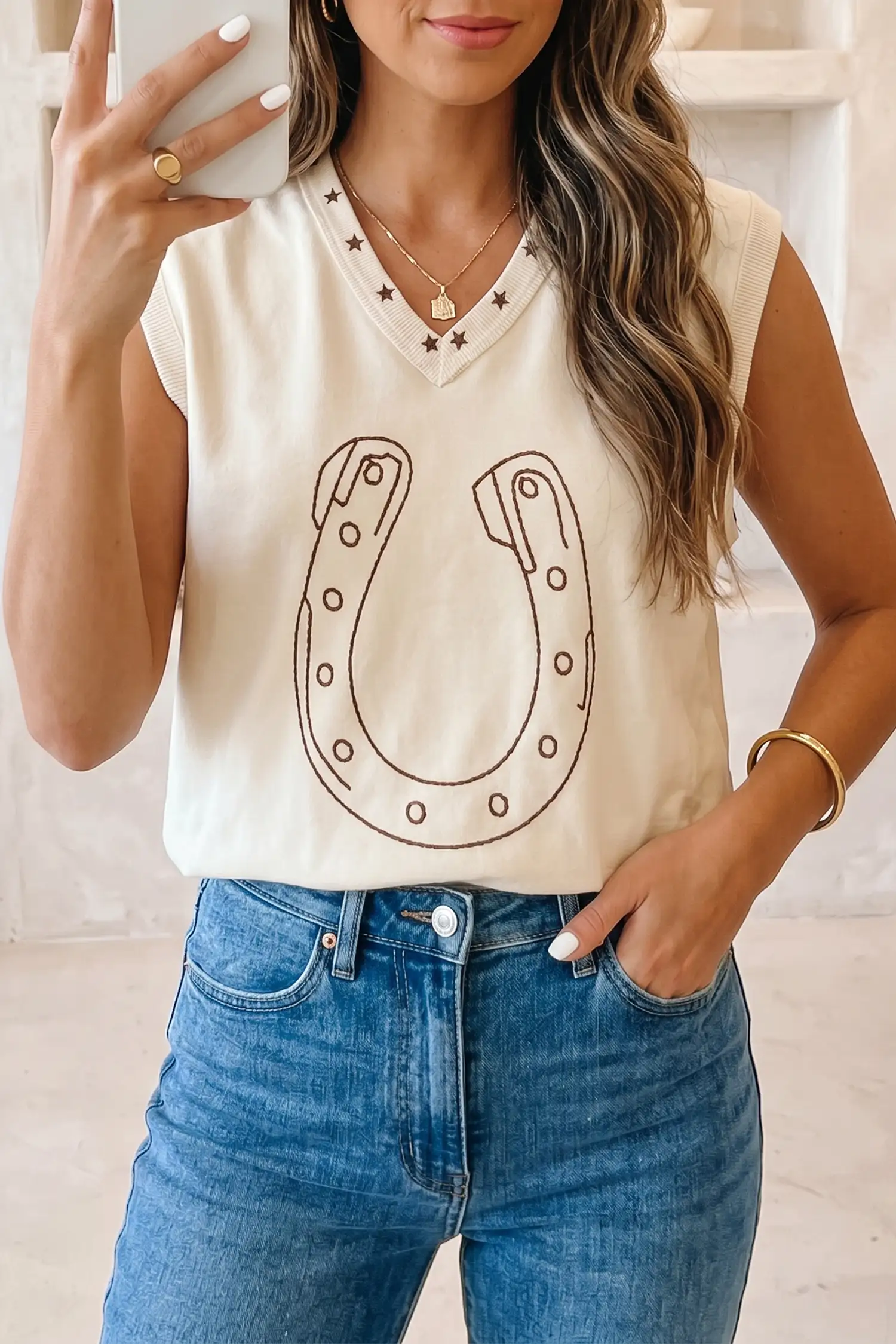 White Horseshoe Embroidered Star Trim V-Neck Loose Tank Top