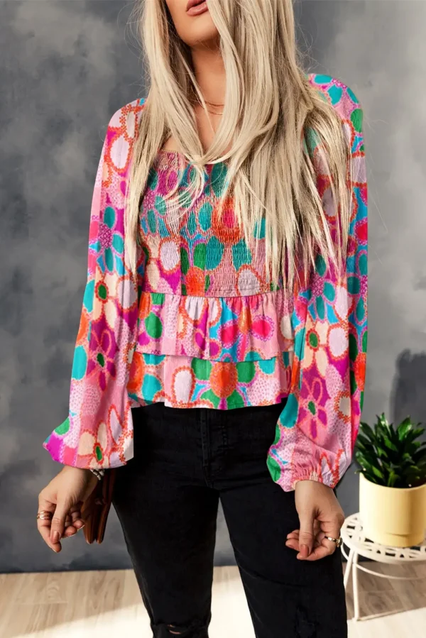 Floral Print Smocked Ruffles Blouse