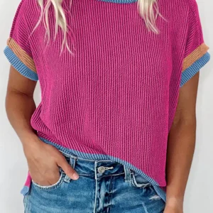 Bright Pink Textured Round Neck Casual Summer T Shirt for Daily Wear in Comfortable Lightweight Fabric