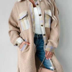 Cozy Smoke Gray Plaid Sherpa Long Coat for Casual Fall Fashion Lovers