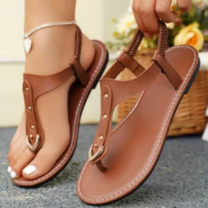 Chestnut Hollow Out Flat Sandals for Women in Stylish PU Leather, Perfect for Summer Casual Wear