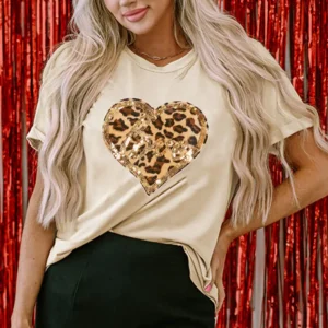 Leopard Love Heart Print T-Shirt in Khaki