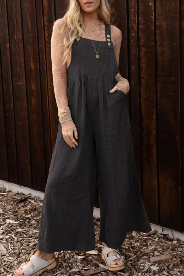 Black Striped Wide Leg Pocketed Jumpsuit