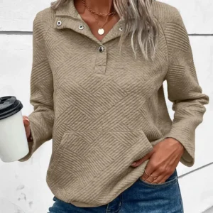 Pale Khaki Textured Knit Buttoned Kangaroo Pocket Sweatshirt
