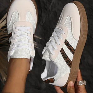 White Textured Patchwork Leopard Lace-Up Sneakers