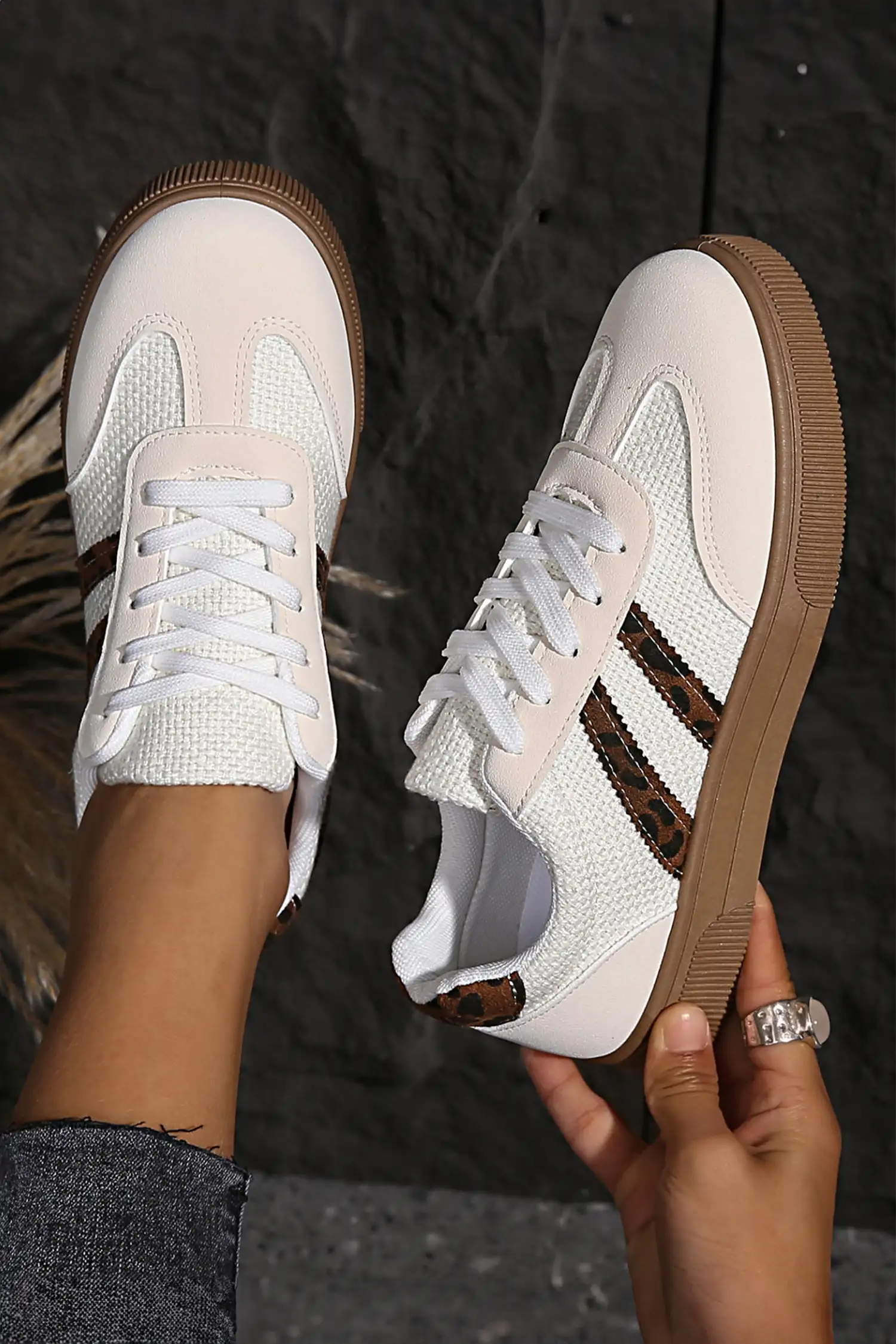 White Textured Patchwork Leopard Lace-Up Sneakers