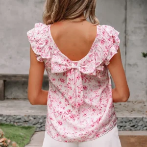 Pink Floral Ruffled Bow-Back Square-Neck Blouse