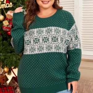 Cozy Green Christmas Snowflake Drop-Shoulder Plus-Size Sweater