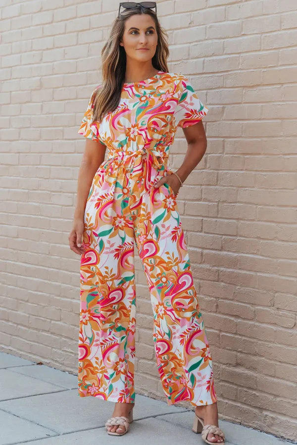 Abstract Print Belted Jumpsuit