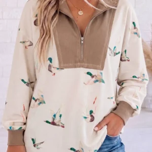Beige Mallard Print Patchwork Zip-Neck Tunic Top