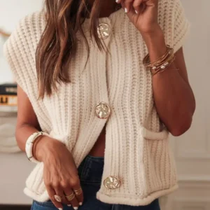 White Textured Knit Vest with Pockets & Buttoned Front