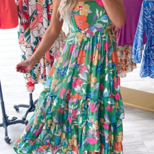 Stunning Bohemian Green Floral Maxi Dress for Summer Vacations Perfect for Beach Days and Outdoor Adventures