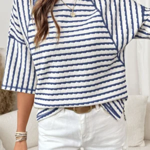 Blue Stripe Textured Knit Split-Hem Top