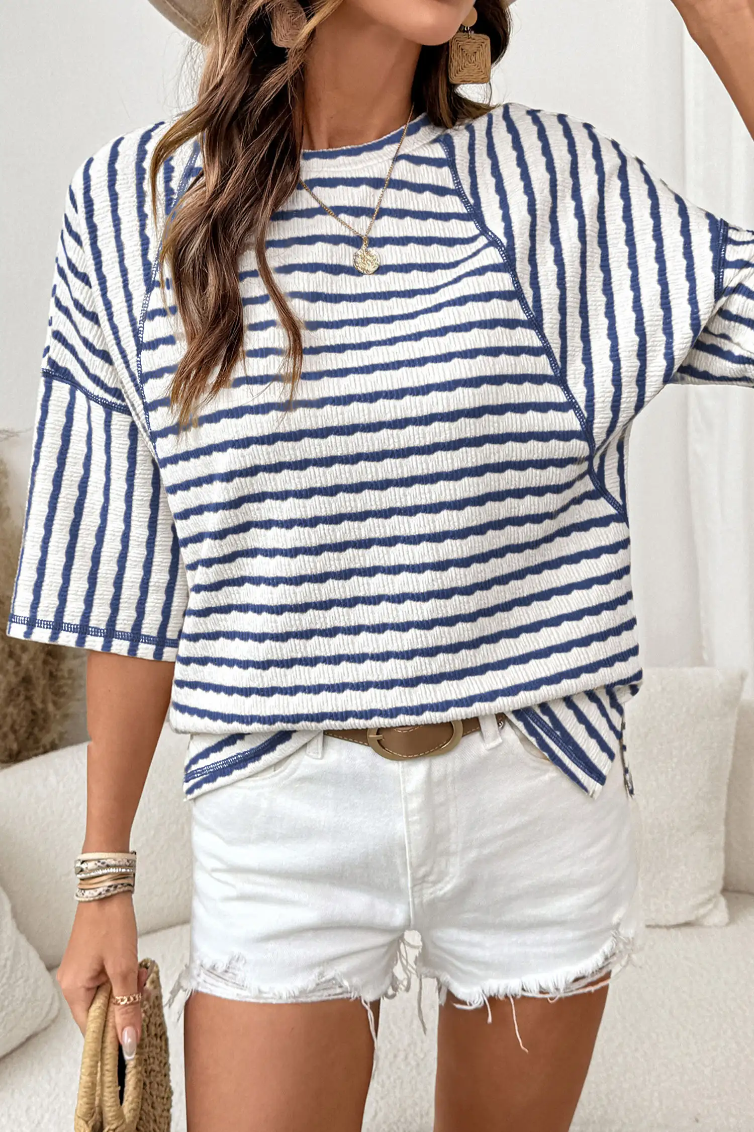Blue Stripe Textured Knit Split-Hem Top