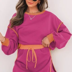 RoseRed Color-Contrast Loose Pullover & Lace-Up Skort Set