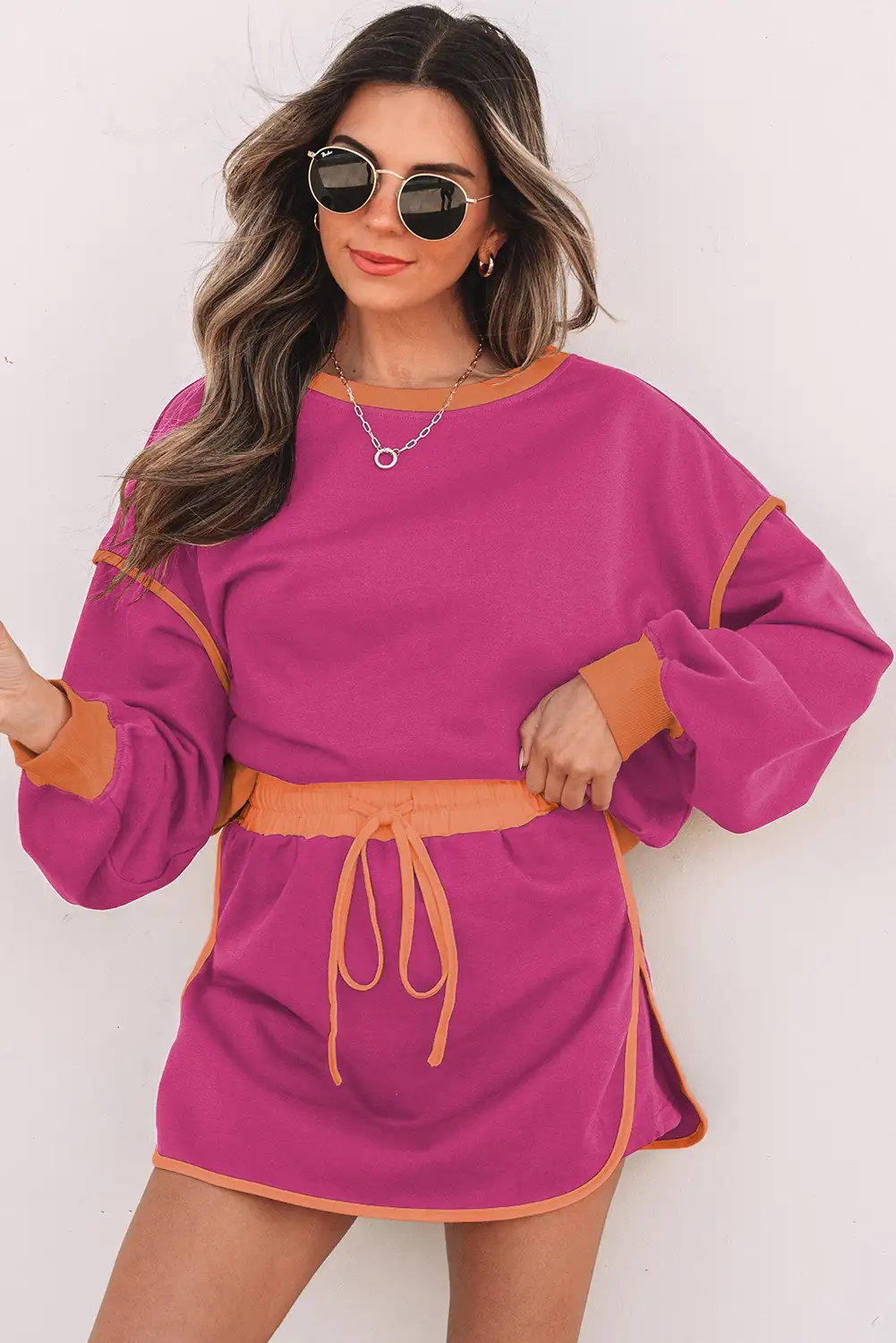 RoseRed Color-Contrast Loose Pullover & Lace-Up Skort Set