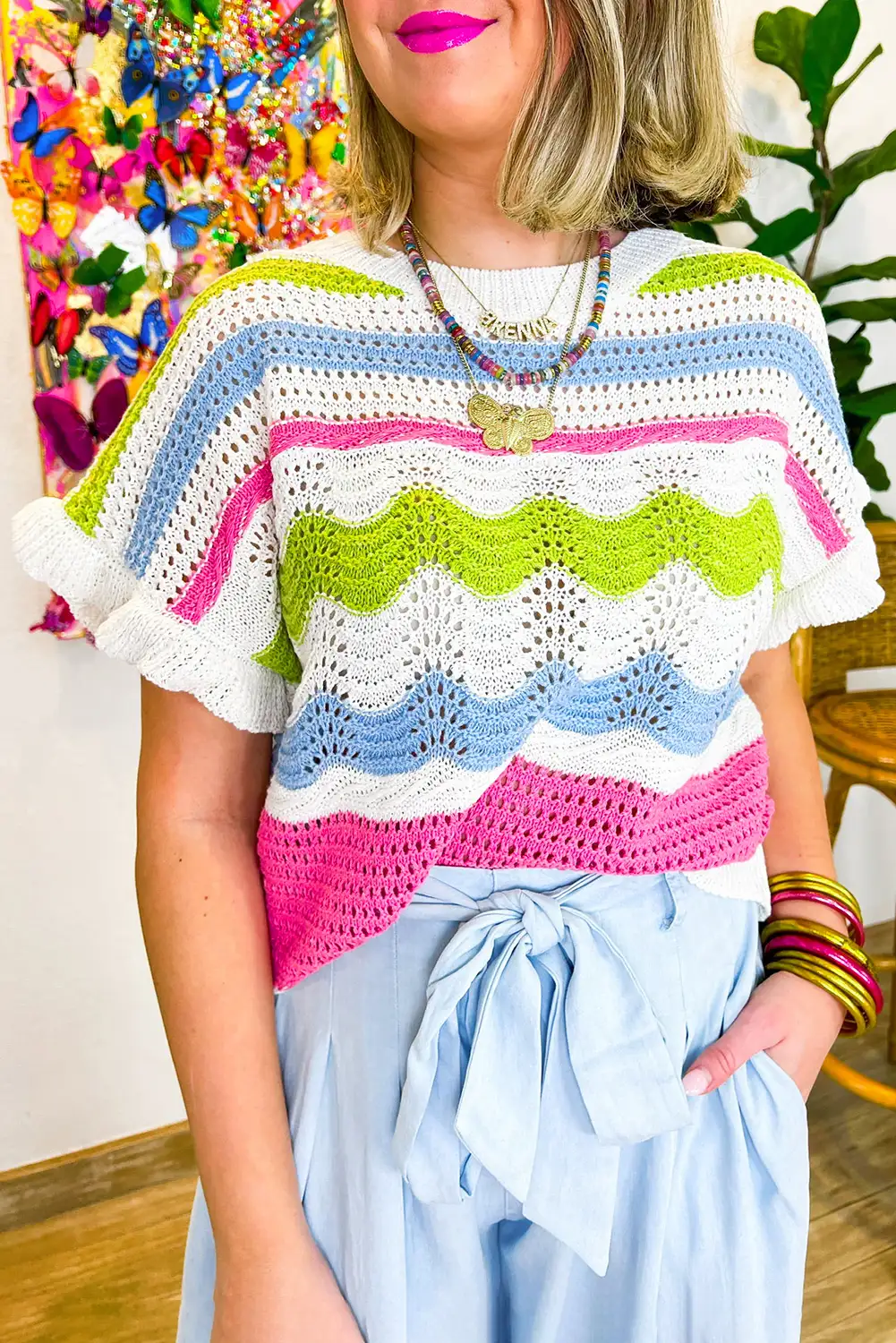 Multicolor Crochet Knit Ruffled Sweater Top