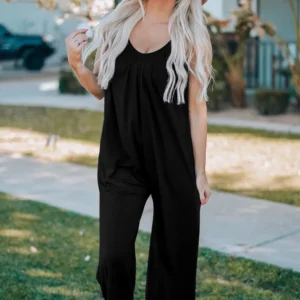 Black Wide Leg Pocketed Jumpsuits