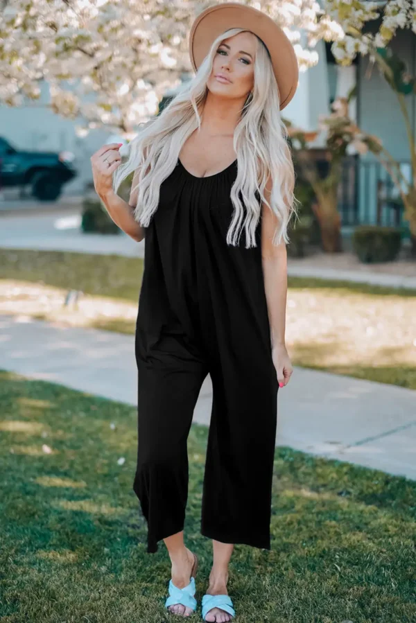 Black Wide Leg Pocketed Jumpsuits