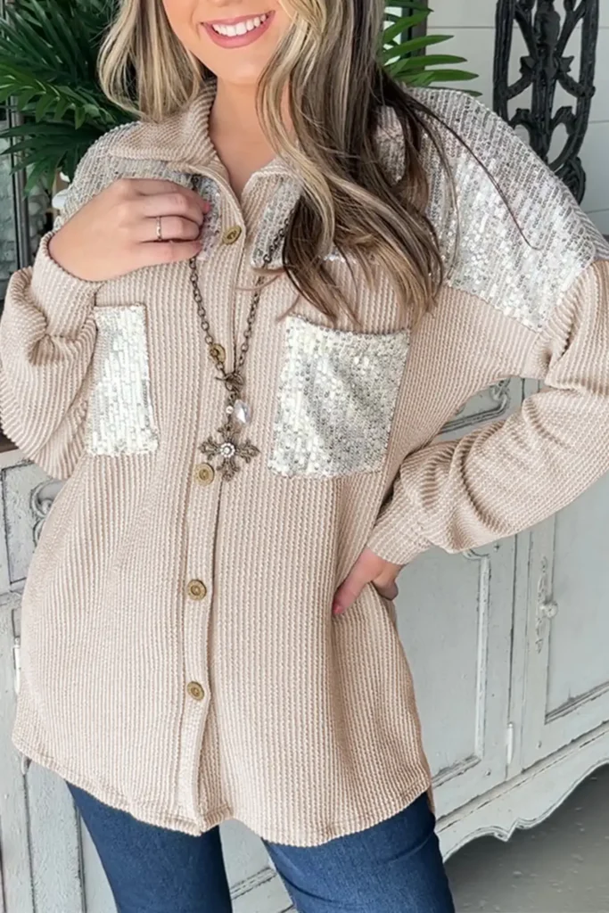 Parchment Sequin Patch Corded Shacket for Daily Western Style in Solid ...