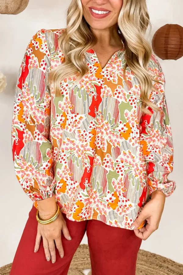 Vibrant Orange Floral Puff Sleeve Blouse