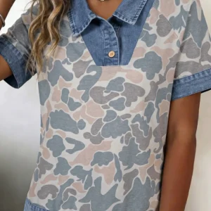 Multicolour Camouflage Patchwork Denim Collar Tee