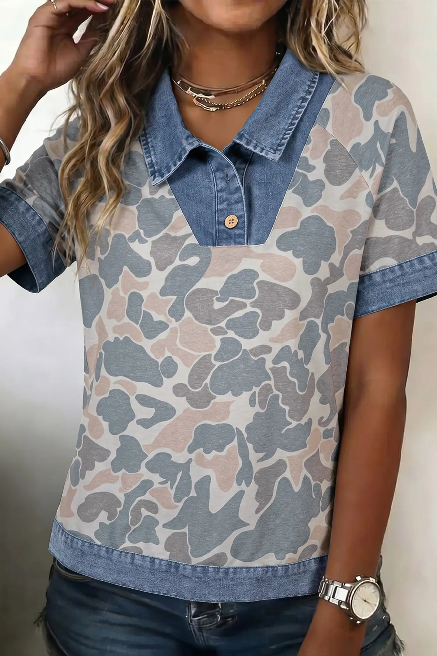 Multicolour Camouflage Patchwork Denim Collar Tee