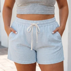 Sky Blue Stripe Denim Shorts with Elastic Drawstring – Plus Size