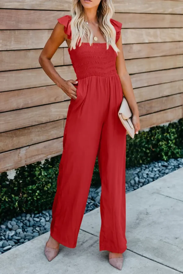 Seductive Red Smocked Jumpsuit