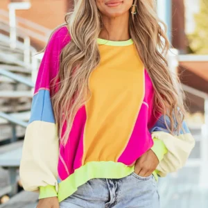 Grapefruit Orange Colorblock Oversize Long Sleeve Top for Casual Daily Wear in Trendy Fall Fashion