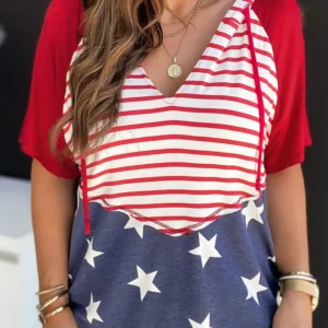 Fiery Red Stars and Stripes Hooded T-Shirt for Summer Independence Day Celebrations with Bold Print and Vibrant Colors