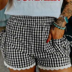 Black Gingham Lace-Trim Shorts with Pouch Pockets