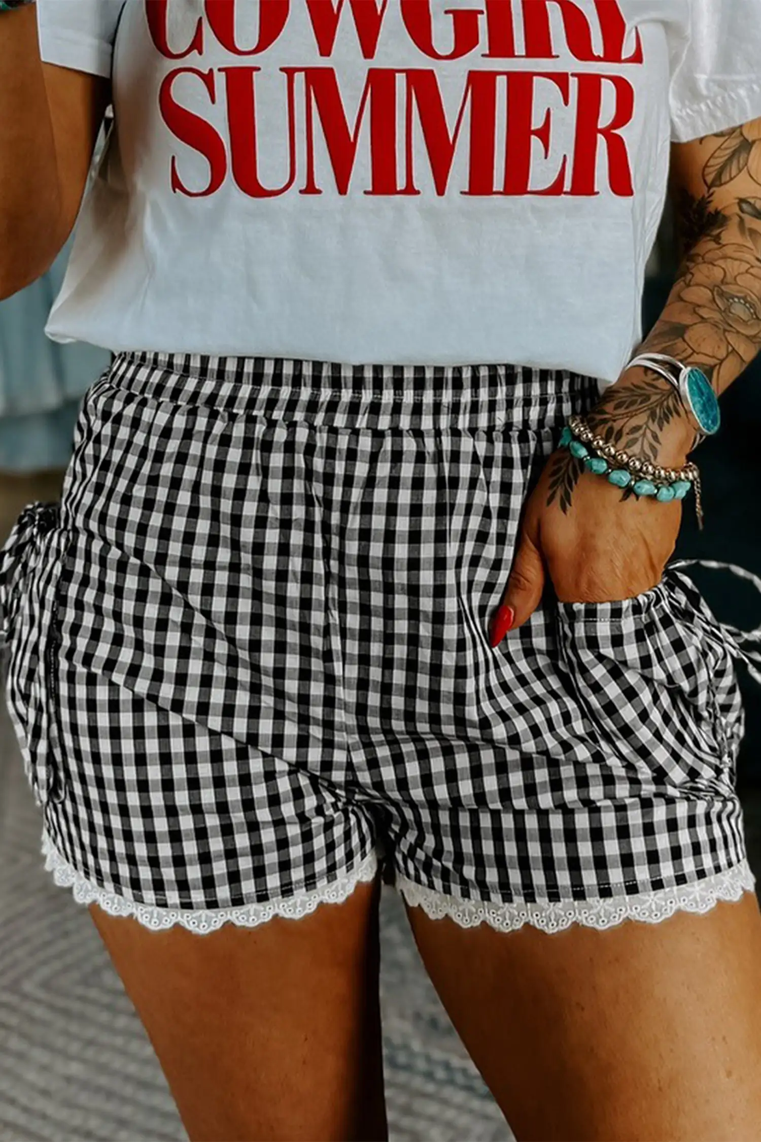 Black Gingham Lace-Trim Shorts with Pouch Pockets