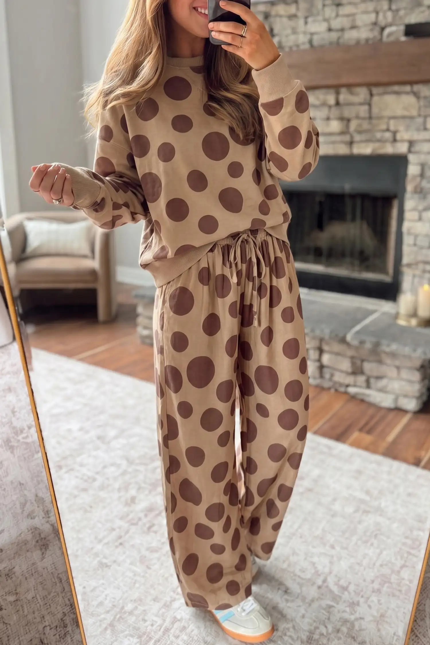 Khaki Polka Dot Drawstring Two-Piece Set