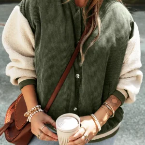 Mist Green Patchwork Corduroy Fleece Bomber Jacket