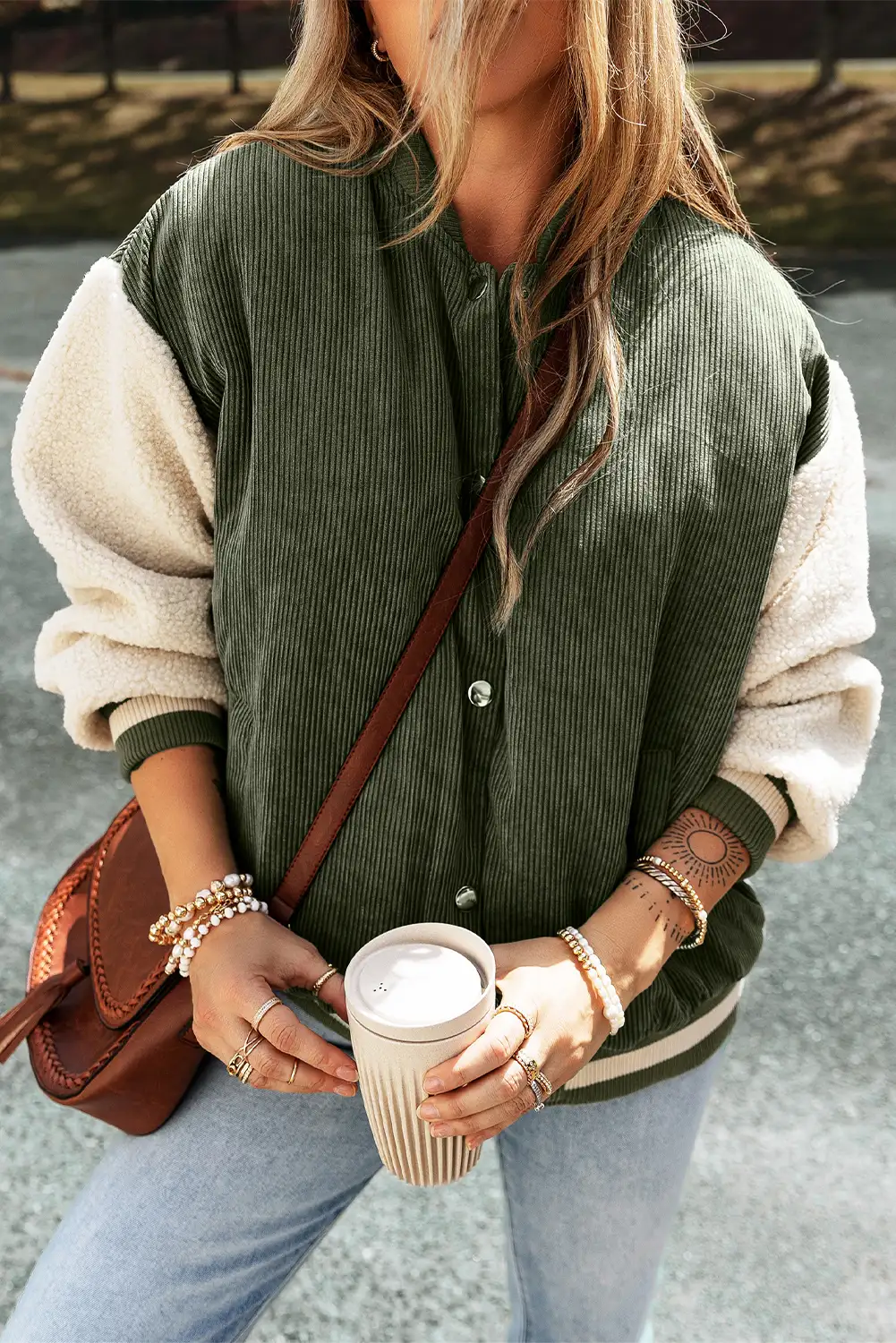 Mist Green Patchwork Corduroy Fleece Bomber Jacket
