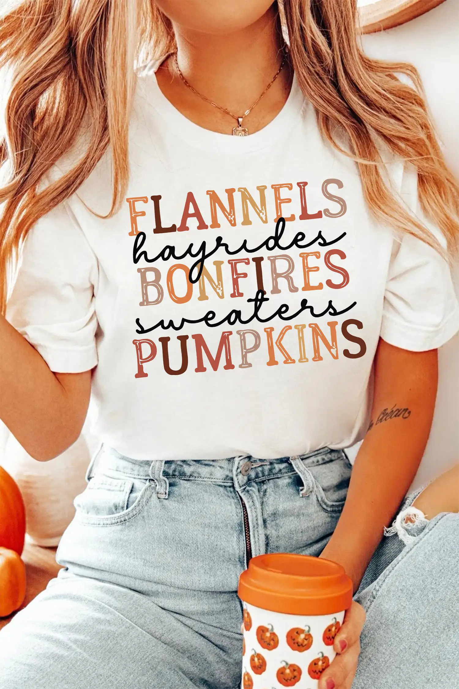 White Letter Print Bonfires & Pumpkins Tee