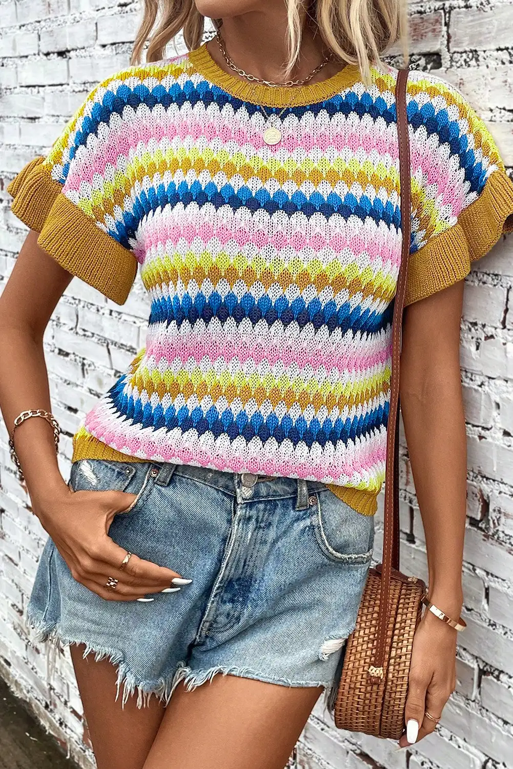 Colorful Ruffle Sleeve Textured Sweater