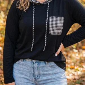 Black Hooded Gingham Patch Pocket Plus-Size Blouse