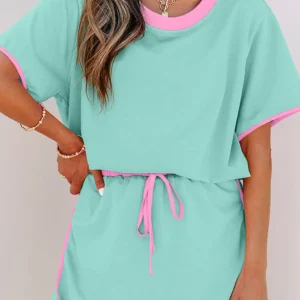 Moonlight Jade Colorblock 2-Piece Set: Drop-Shoulder Tee + Skort
