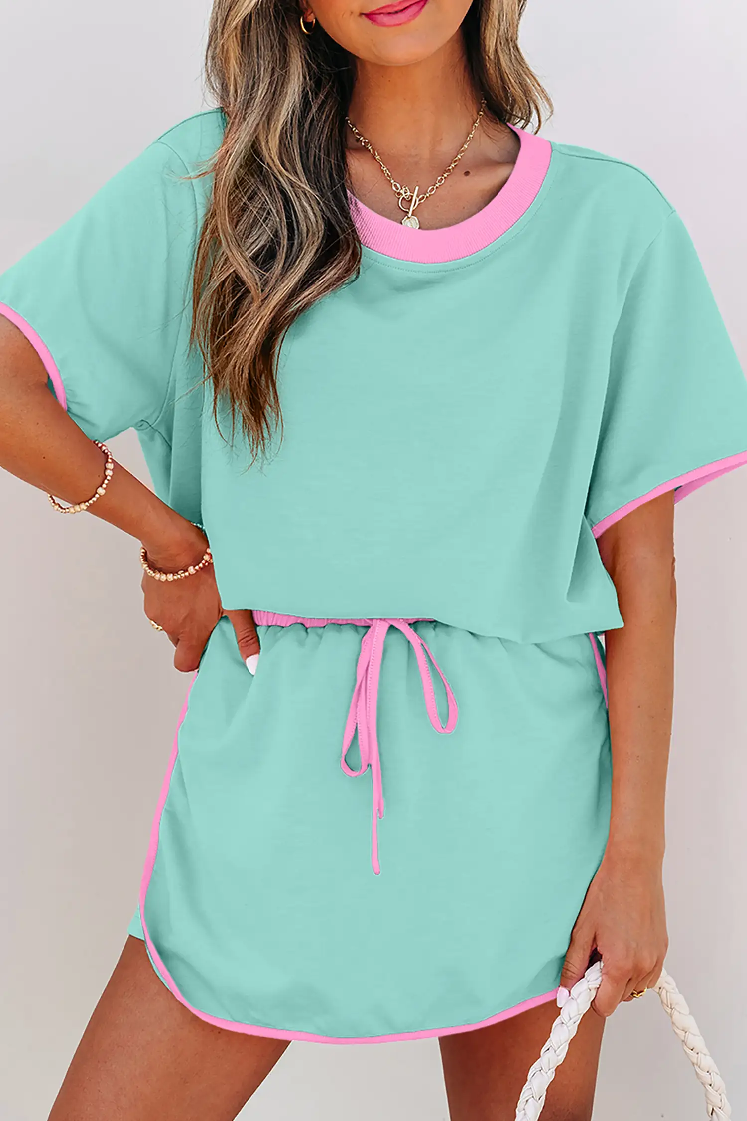 Moonlight Jade Colorblock 2-Piece Set: Drop-Shoulder Tee + Skort